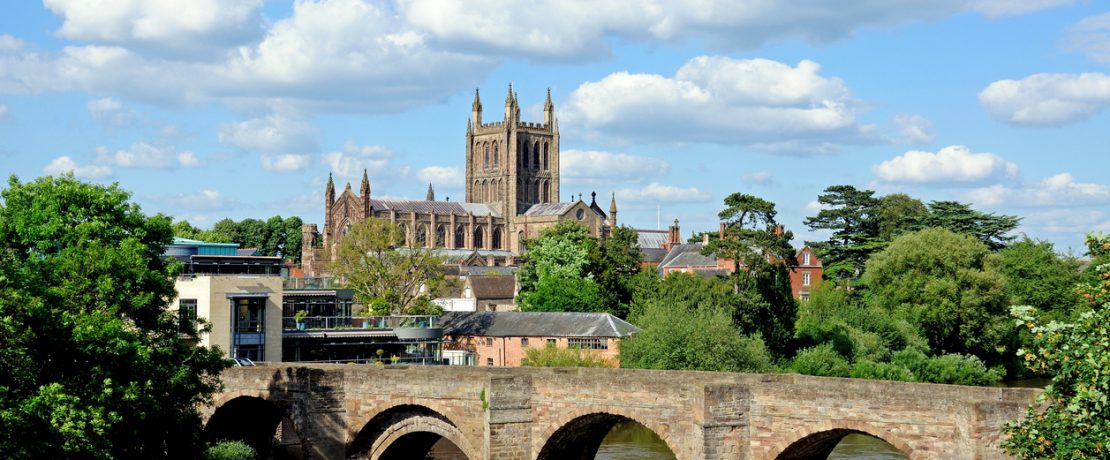 View of the cathedral, the Old Wye Bridge and the River Wye, Hereford