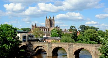 View of the cathedral, the Old Wye Bridge and the River Wye, Hereford