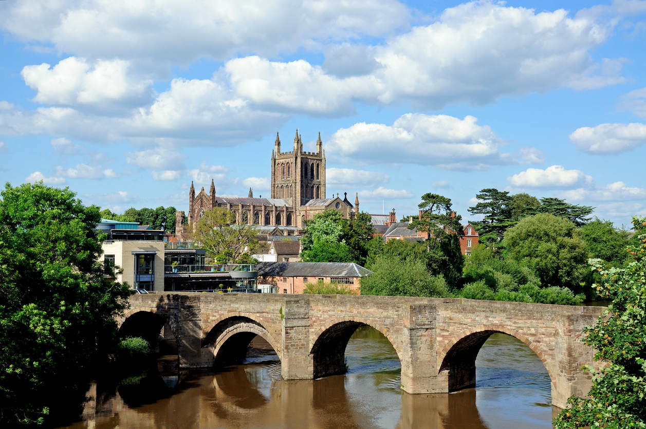 View of the cathedral, the Old Wye Bridge and the River Wye, Hereford