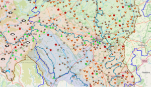 A snapshot of the map showing monitoring points, pollution events and the location of chicken and pig units