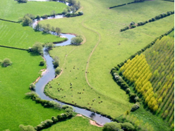 Aerial shot of the River Lugg winding through Herefordshire countryside