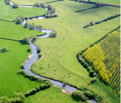 Aerial shot of the River Lugg winding through Herefordshire countryside