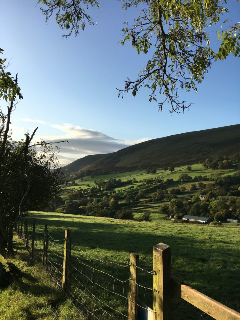 A view of the open Black Mountains above hedged farmland