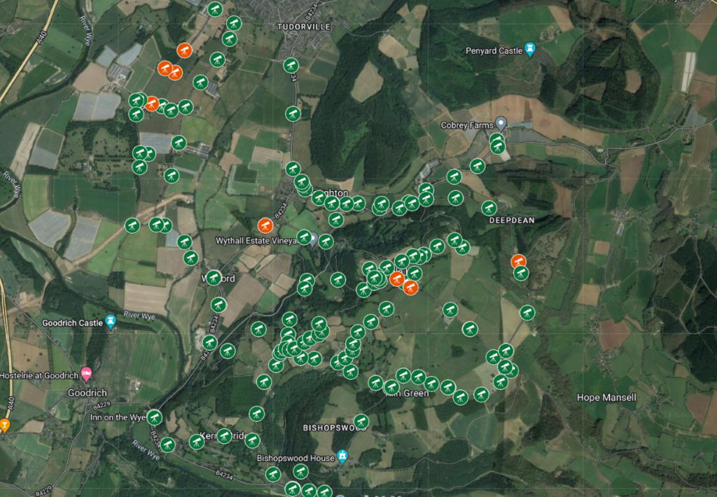Walford area near Goodrich, showing where light pollution (orange symbols) has been recorded