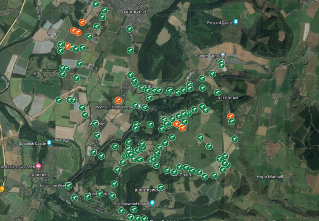 Map of the Walford and Goodrich area, showing where light pollution (orange symbols) has been recorded