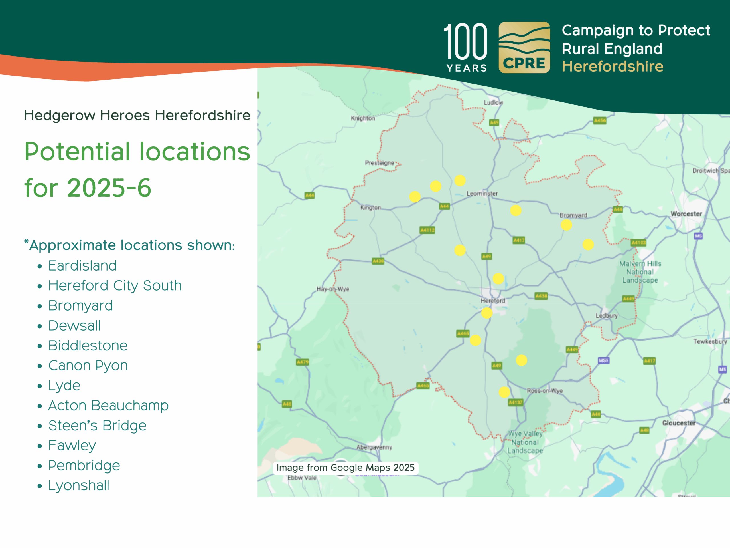 Potential CPRE Herefordshire Hedgerow Heroes locations for 2025-6