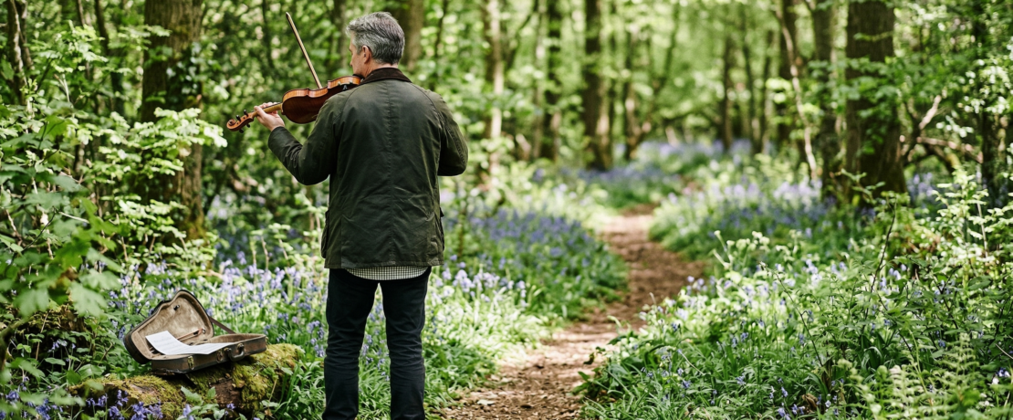 image of a man playing a violin in a wood filled with bluebells