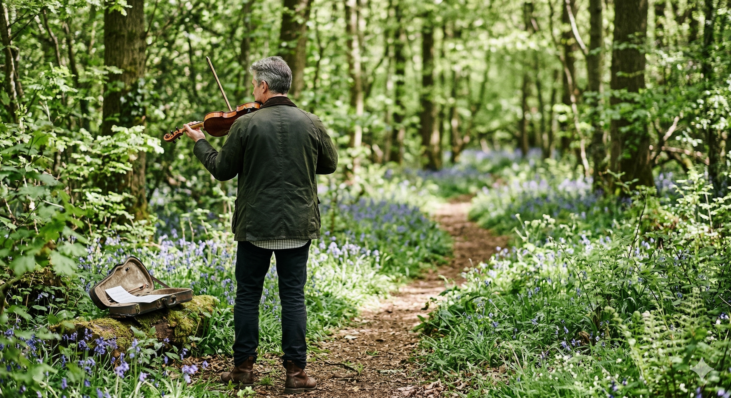 image of a man playing a violin in a wood filled with bluebells